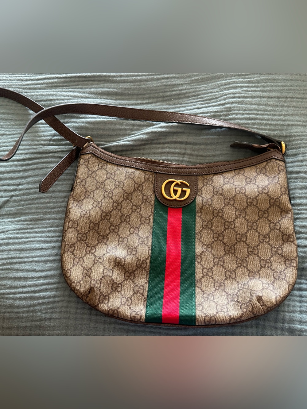 Beige Brown GG Supreme Crossbody with Green-Red Web and Gold GG
